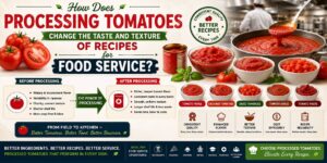 How does processing tomatoes change the taste and texture of recipes for food service?