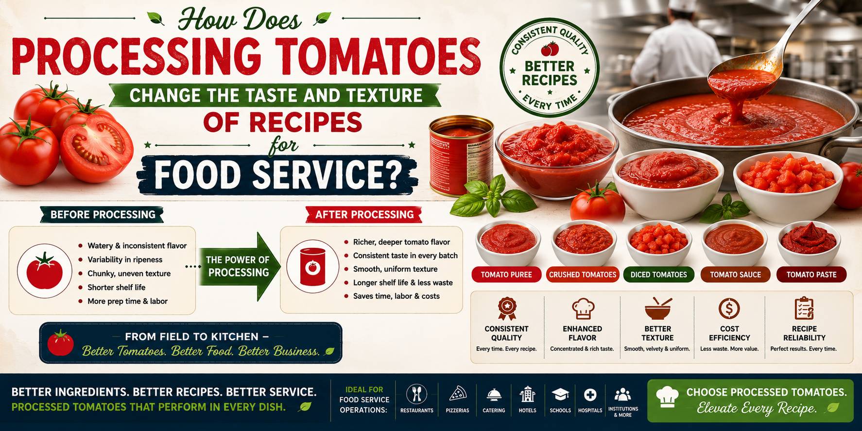 How does processing tomatoes change the taste and texture of recipes for food service?